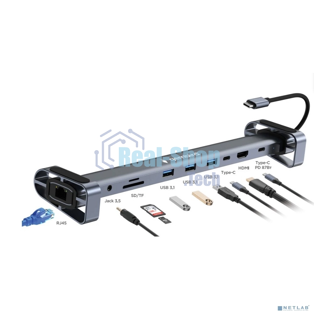 Док-станция Gembird UHB-D5, USB Type-C, 3xUSB 3.1, Type-C PD87W, Jack 3.5, SD/TF, HDMI, RJ45, USB Type-C, USB