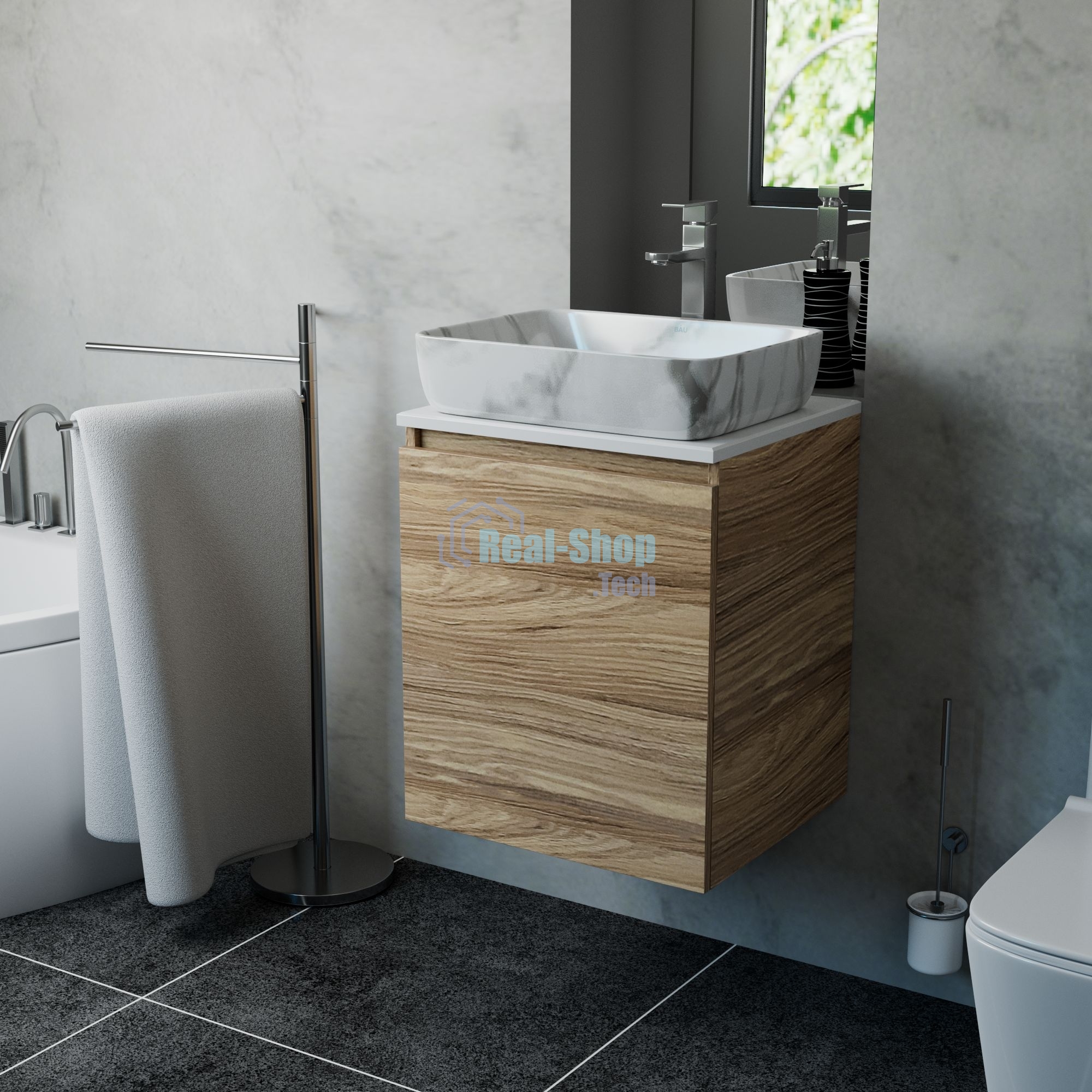 Тумба Bau Dream Blackwood 50 с дверцей, раковина BAU Hotel 51х39, мрамор, смеситель для раковины высокий Hotel Still, нержавеющая сталь