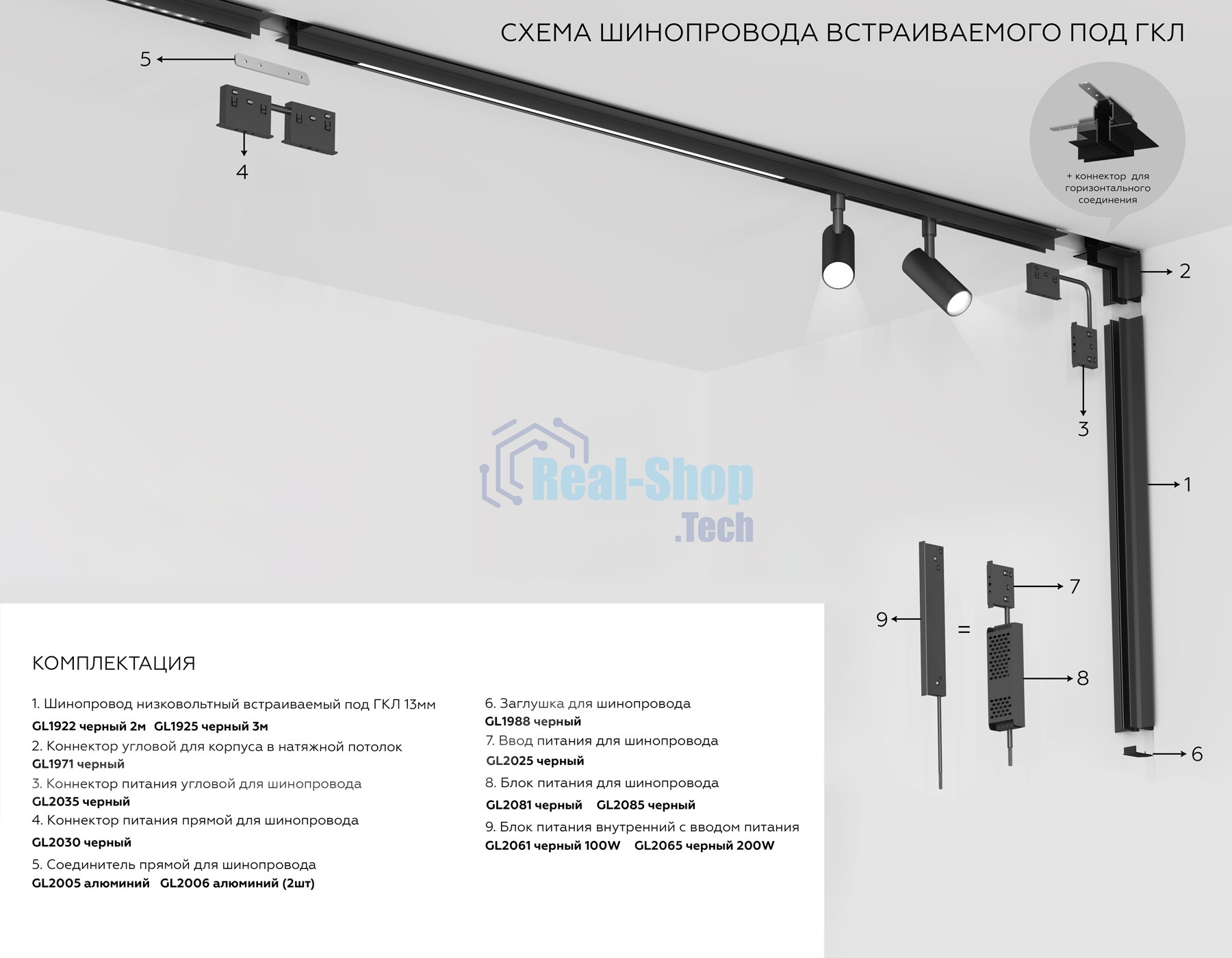 Шинопровод GL1925 BK черный IP20 48V 3000*55*43