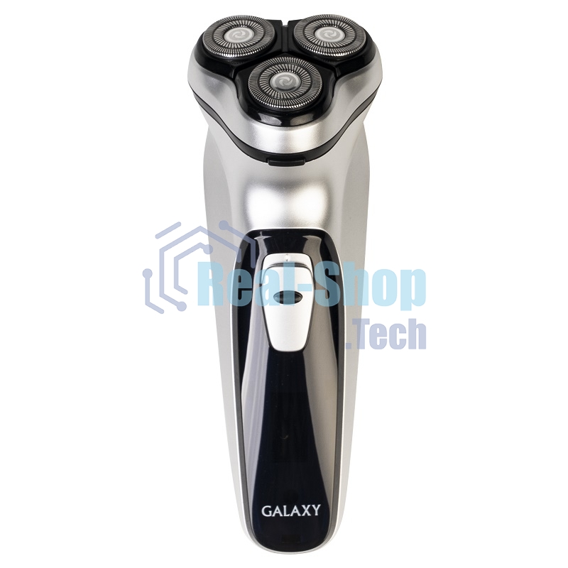 Электробритва Galaxy Line GL 4209, серебряный с черным, роторная, аккумуляторная, 5 Вт, Li-Ion аккумулятор емкостью 600 мА*ч, время непрерывной работы до 1,5 ч, ножи из нержавеющей стали, 3 независимые плавающие головки, возможность промывки бреющего блока, индикатор заряда и работы, встроенный триммер для подравнивания висков, USB зарядка