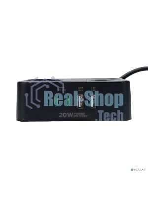 Сетевой фильтр Cablexpert Plate, PLT-4-C2U2-B-3, 4р, 10А, 2xType-C PD, 20Вт, 2xUSB, 2.4A, 3 м, ур. защиты 4+, черный, коробка