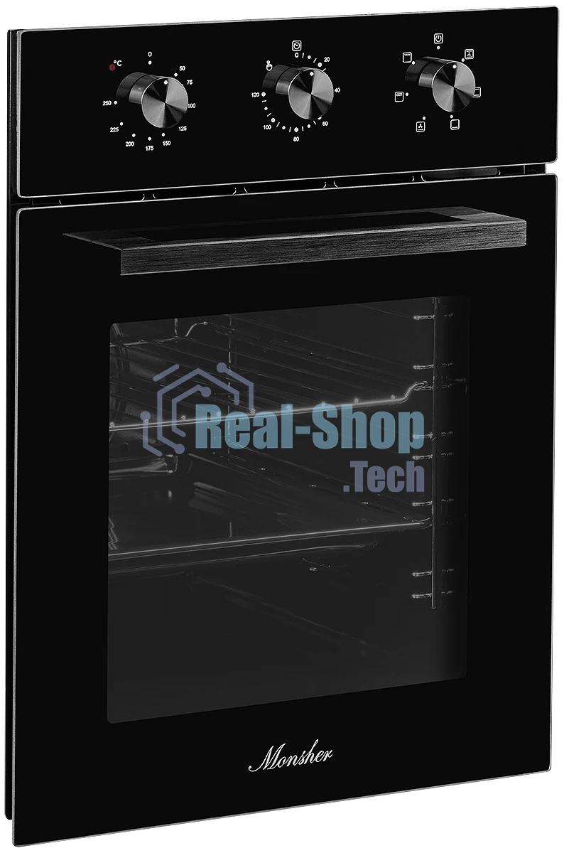 Встраиваемый духовой шкаф Monsher MOE 4563 Noir, электрический, High-Tech, объем 50 л, конвекция, гриль, 3 стекла в дверце, съемные стекла, съемная дверца, телескопические направляющие, черный