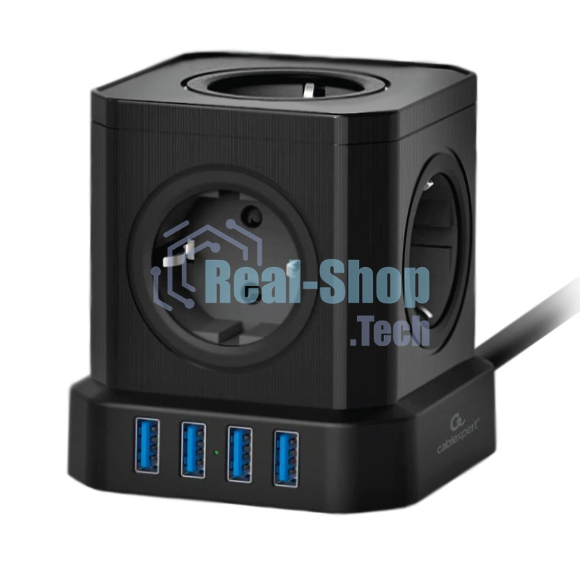 Сетевой фильтр Cablexpert Tower, TWR-5-U4-B-3, 5 р, 10А, 4хUSB, 3.1А, 3 м, ур.защиты 4+, черный, коробка