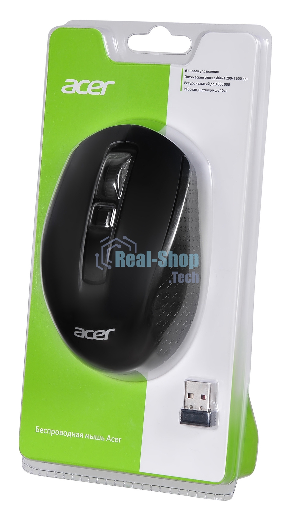 Мышь беспроводная Acer OMR060 черный, 1600 dpi, радиоканал, USB, кнопки - 6