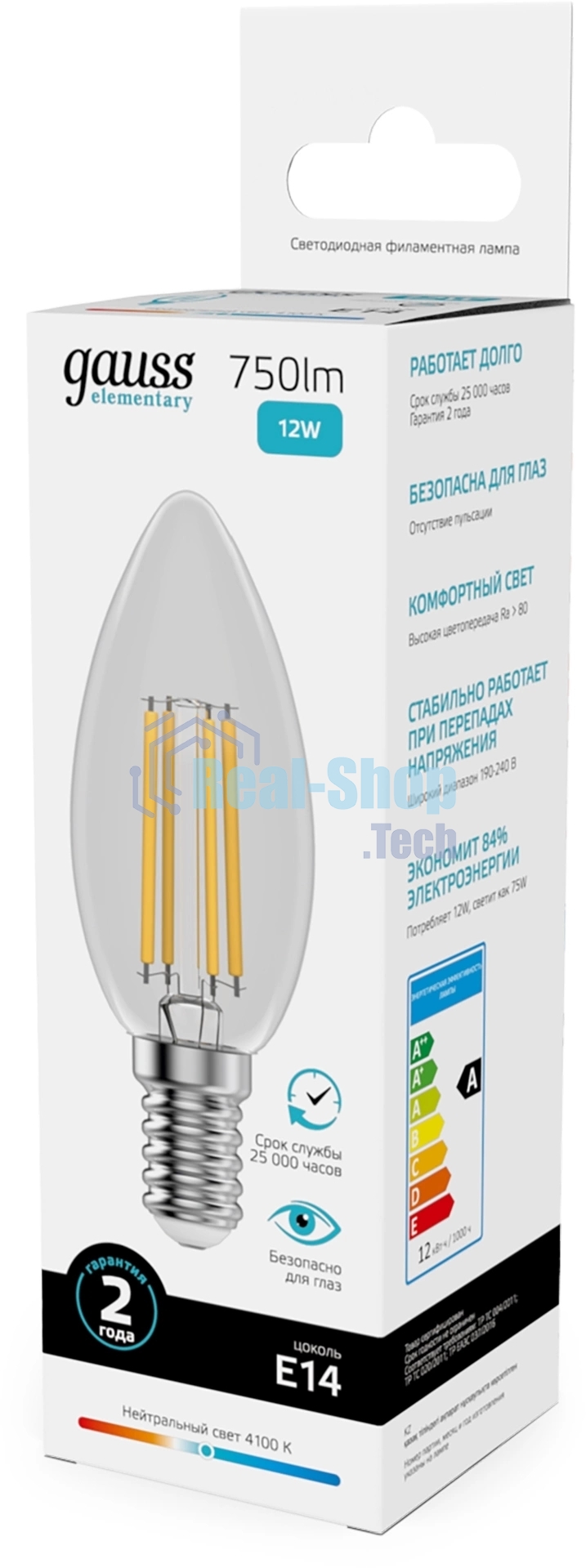 Лампа светодиодная филаментная Gauss Filament 12Вт цок.:E14 свеча св.свеч.бел.нейт. (упак.:10шт)