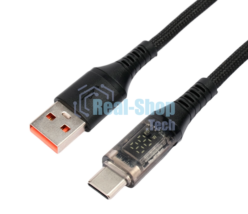 Кабель USB2.0 Cablexpert CCP-USB2-AMCM-SCR-1M, AM/Type-C, 6A, 66Вт, QC3.0, дисплей, оплетка, медь, 1м, черный, пакет