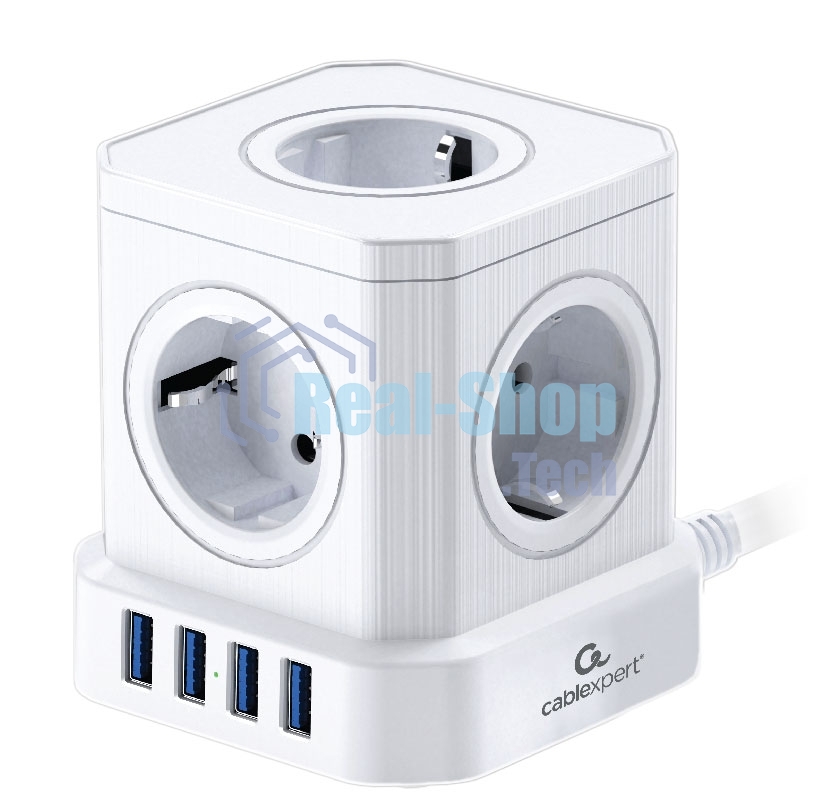Сетевой фильтр Cablexpert Tower 5 р, TWR-5-U4-W-3, 10А, 4хUSB, 3.1А, 3 м, ур.защиты 4+, белый, коробка