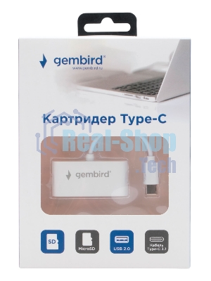 Кард-ридер Gembird FD2-MSD-2/белый/SD/SDHC/SDXC/TF/MicroSD/USB 2.0/USB Type-C (2.0)/пластик