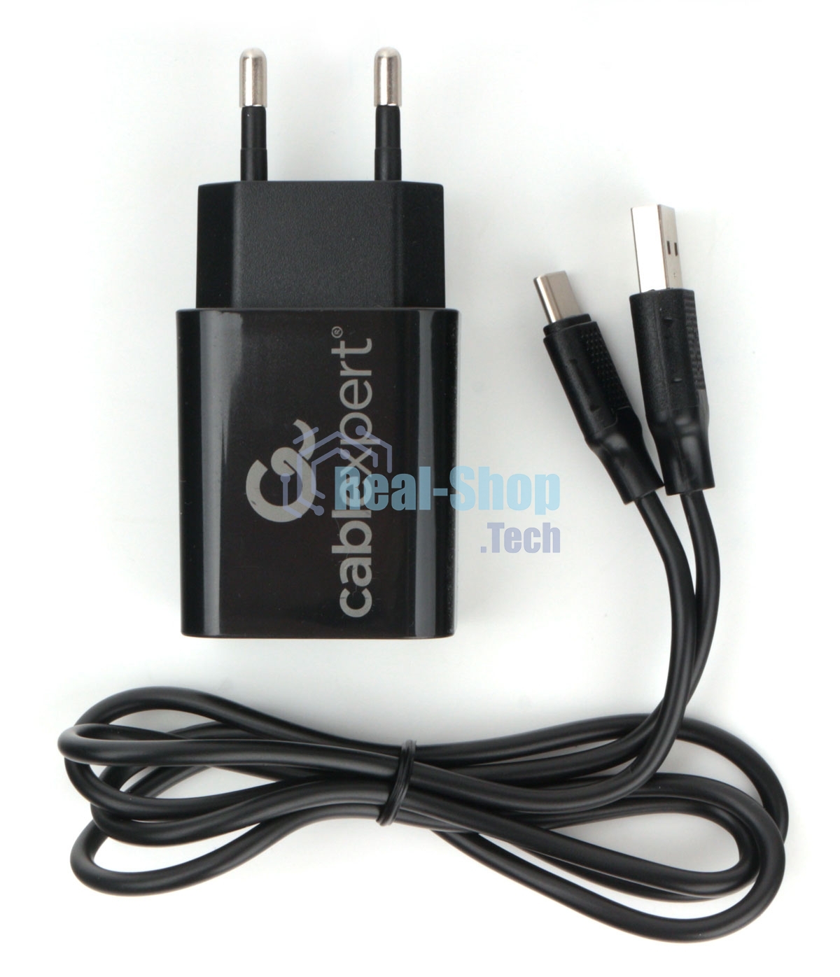 Сетевое зарядное устройство Cablexpert MP3A-PC-37 USB 2 порта, 2.4A, черный + кабель 1м Type-C