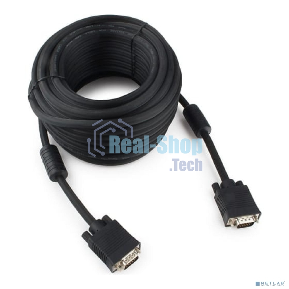 Кабель VGA Premium Cablexpert CC-PPVGA-15M-B, 15M/15M, 15м, черный, тройной экран, феррит.кольца, пакет
