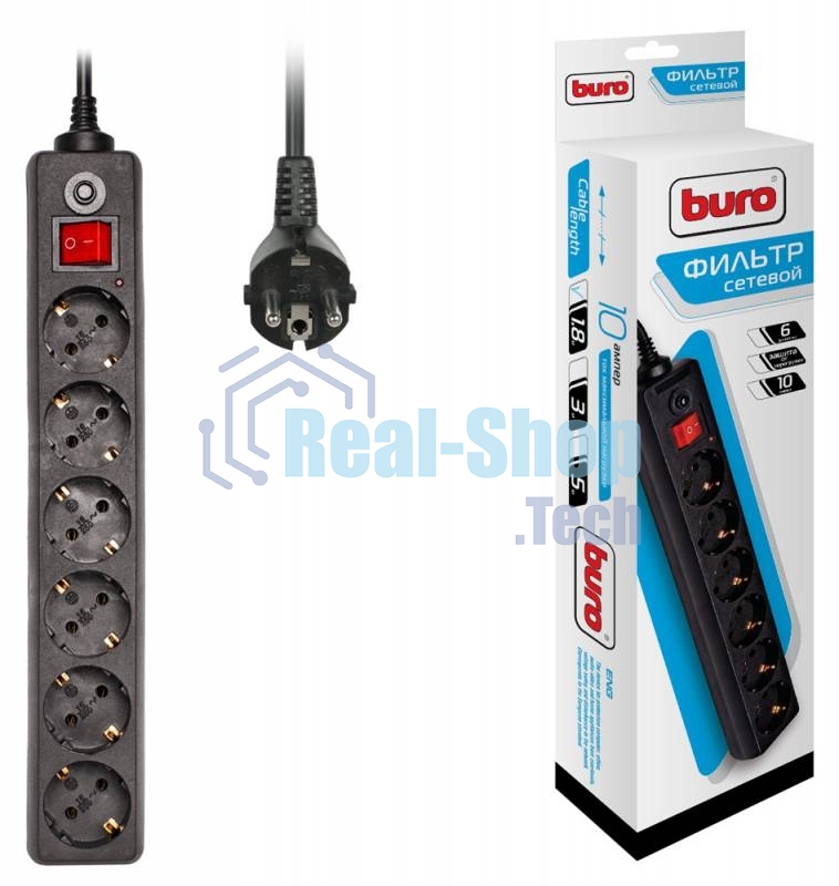 Сетевой фильтр Buro 600SH-1.8-B 1.8 м, 6 розеток, черный, коробка