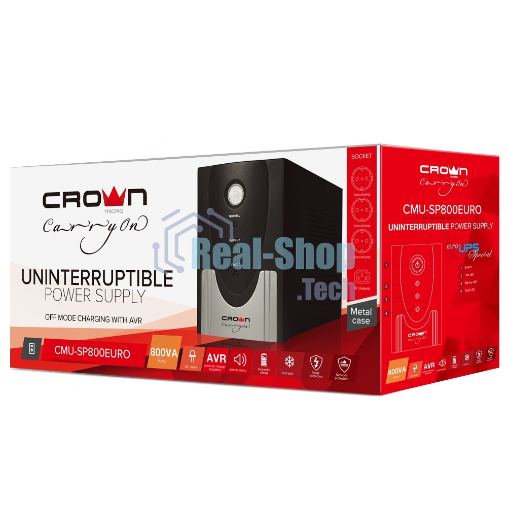 Источник бесперебойного питания Crown CMU-SP800EURO USB/800 ВА\480 Вт/1 х IEC 320 C13 (компьютерная), 3 х CEE 7 (евророзетка)