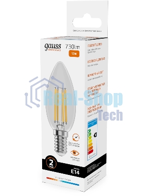 Лампа светодиодная филаментная Gauss Filament 12Вт цок.:E14 свеча св.свеч.бел.теп. (упак.:10шт)