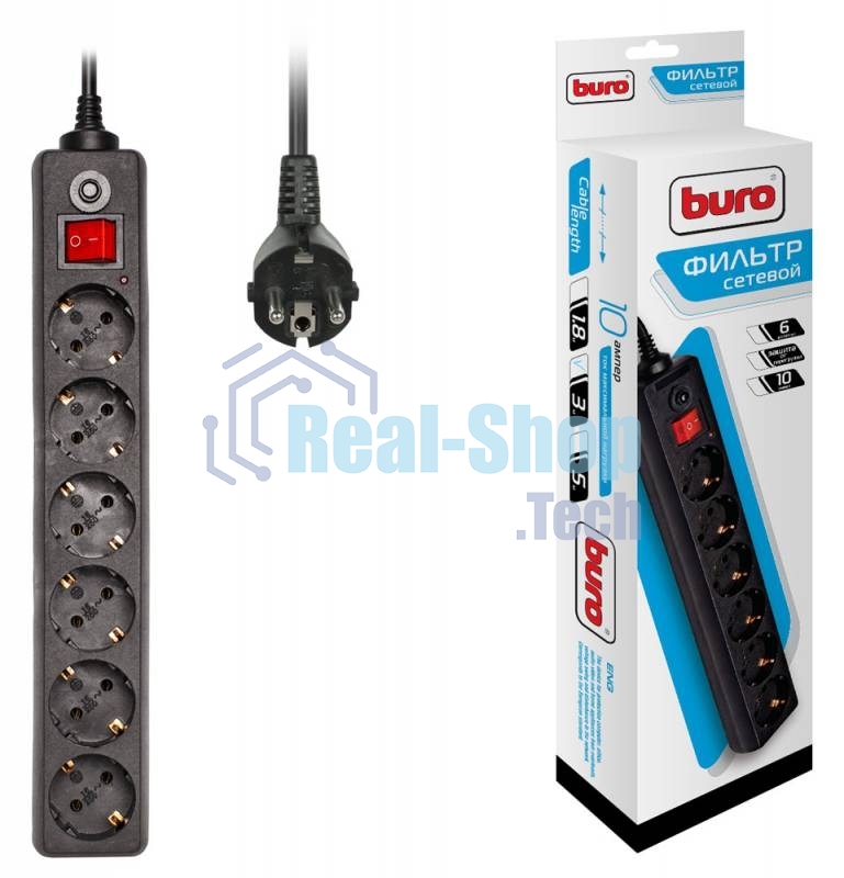 Сетевой фильтр Buro 600SH-3-B 3 м, 6 розеток, черный, коробка