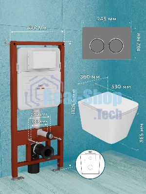 Комплект BAU 6 в 1: инсталляция BAU PRO для подвесного унитаза, унитаз подвесной безободковый вихревой со скрытым сливом Bau Stil Hurricane-5, сиденье быстросъемное микролифт, клавиша BAU Round Gun gray, серый металлик