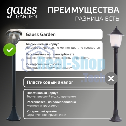 Светильник садово-парковый Gauss Aura на стену вверх 188x210x238мм, 170-240V/50Hz, 1xE27, Max.60W, IP: 54, 1/6