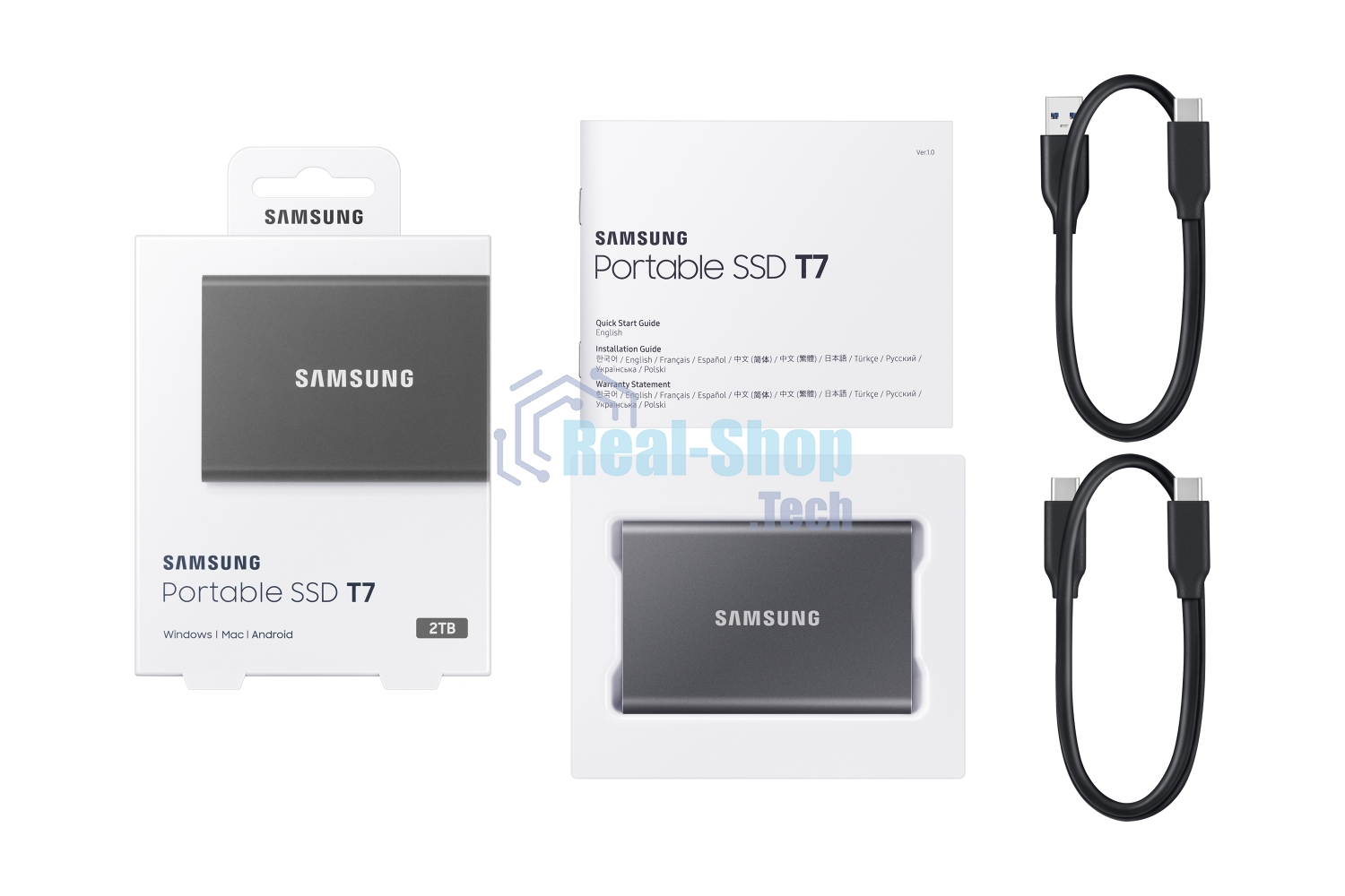 Внешний SSD Samsung T7, 2TB, USB 3.2 Gen 2 Type-C, R/W 1050/1000, титан