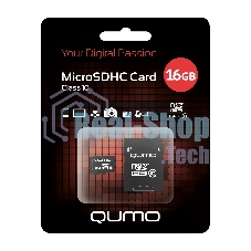 Флеш карта QUMO MicroSDHC 16Gb Сlass 10, адаптер в комплекте SD, черно-красная картонная упаковка