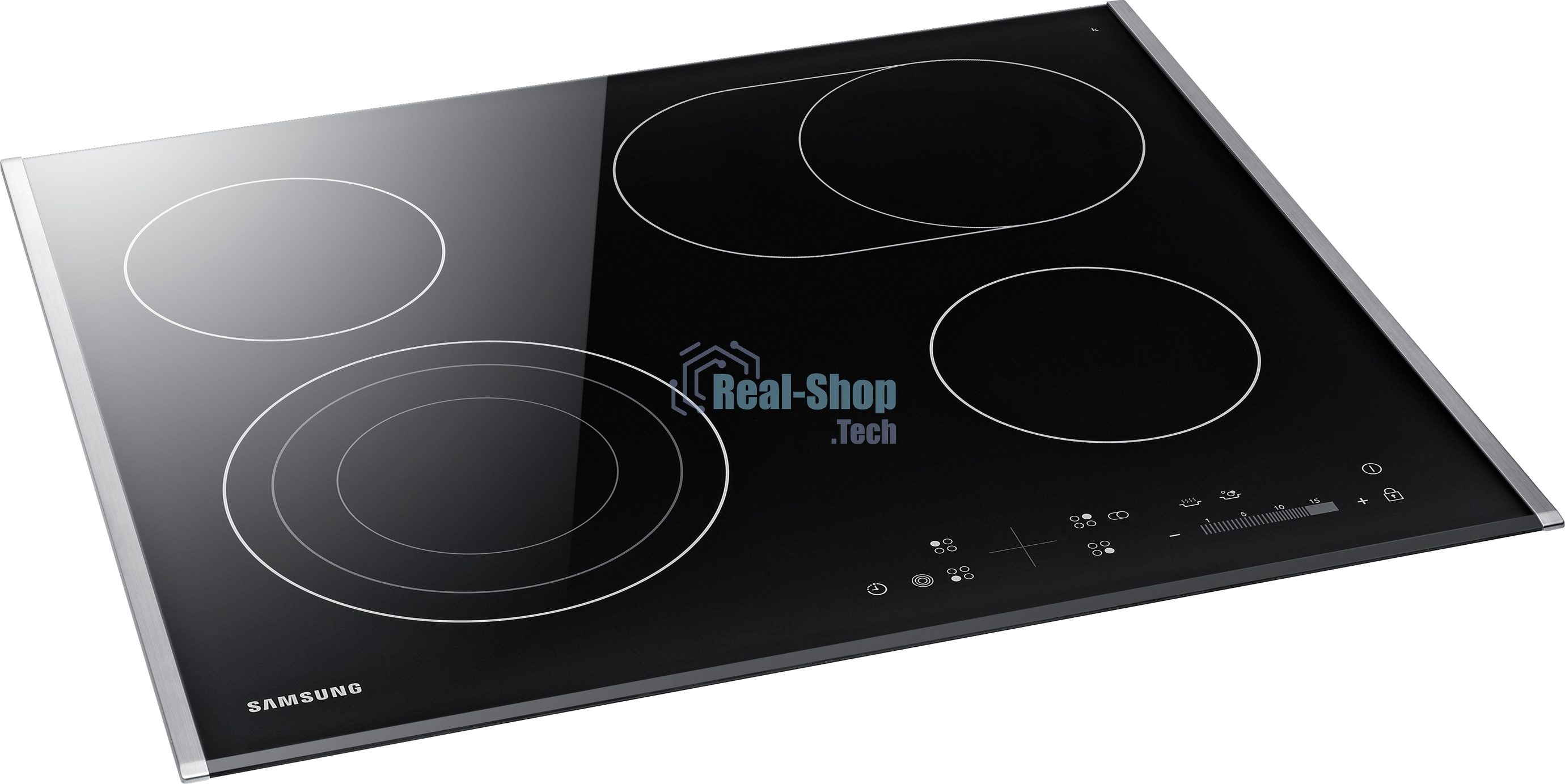 Встраиваемая электрическая панель Samsung NZ64T3536DK/WT 59 x 50.5 x 5.2 см., электронное управление, 15 степеней мощности, автоматическое отключение, защита от детей, блокировка управления, дисплей, 4 конфорки, 2 с зоной расширения, рамка из нержавеющей стали, корпуса черный